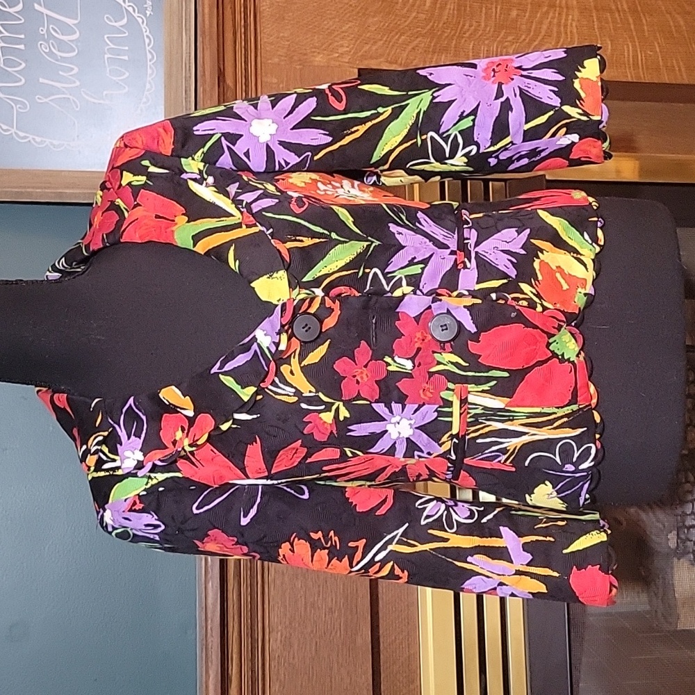 Carlisle Black Textured Floral Silk/Cotton Blend Colorful Blazer Jacket Size 4